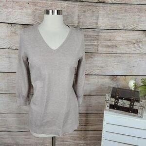 Cyrus Tan Brown V Neck Sweater Size S‎ 3/4 Sleeve Side Slit Ribbed Kni Trim